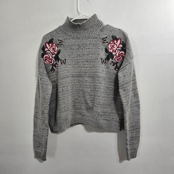 Cloud Chaser Sweaters - High Neck Grey Sweater with Embroidered Flowers/Butterflies. Size M